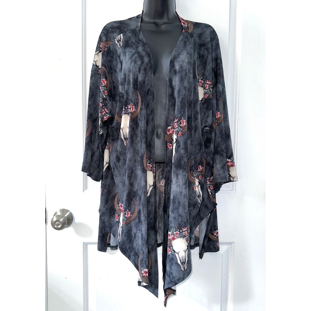 Western Dark Gray Cow Skull Print Duster Kimono Shawl
